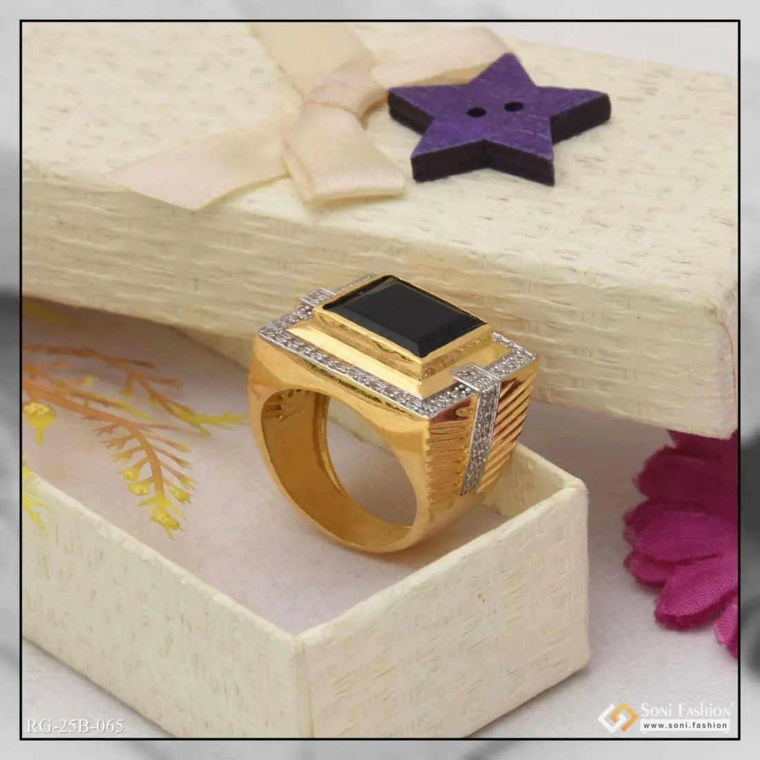 1 Gram Gold Forming Black Stone Chic Design Superior Quality Ring - Style B065