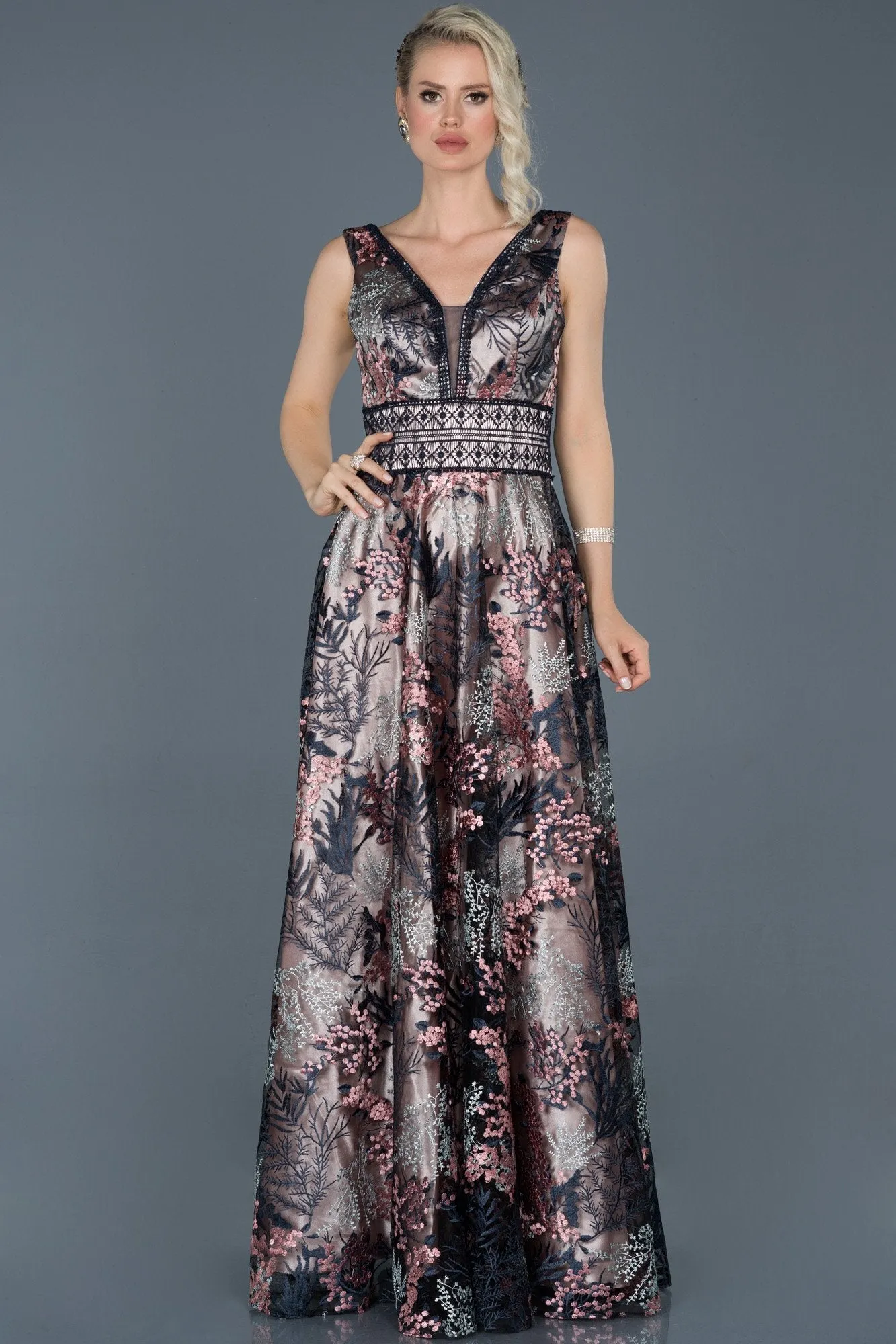 15994 Navy Blue-Pink Embroidered Tulle Dress
