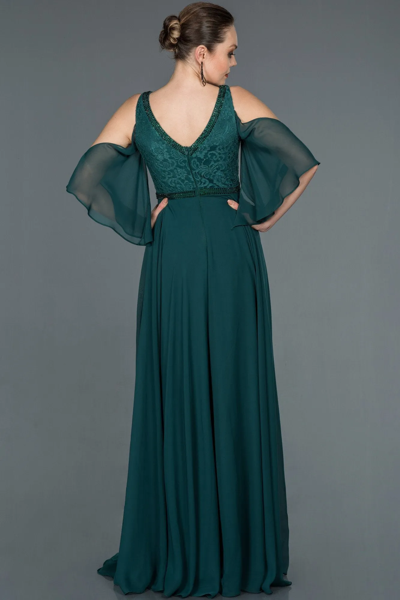 16685 Duck Green Stone Embroidered Lace Chiffon Dress