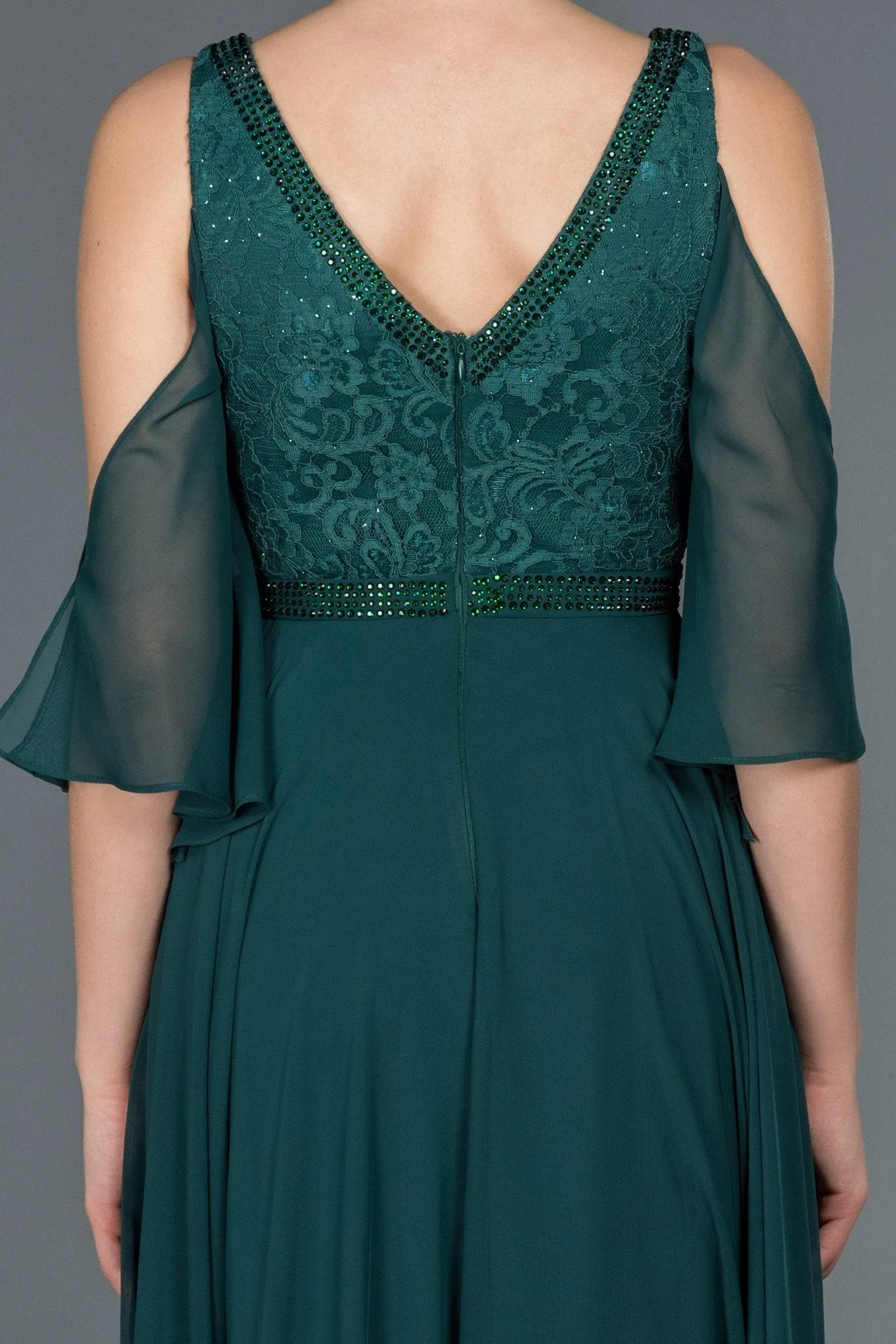 16685 Duck Green Stone Embroidered Lace Chiffon Dress