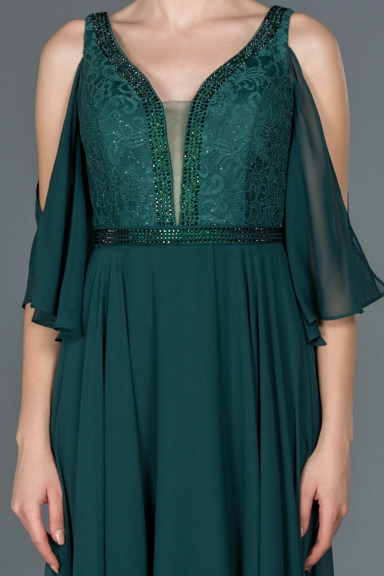 16685 Duck Green Stone Embroidered Lace Chiffon Dress