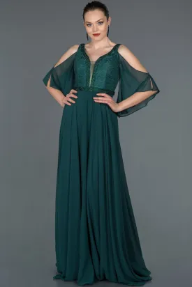 16685 Duck Green Stone Embroidered Lace Chiffon Dress