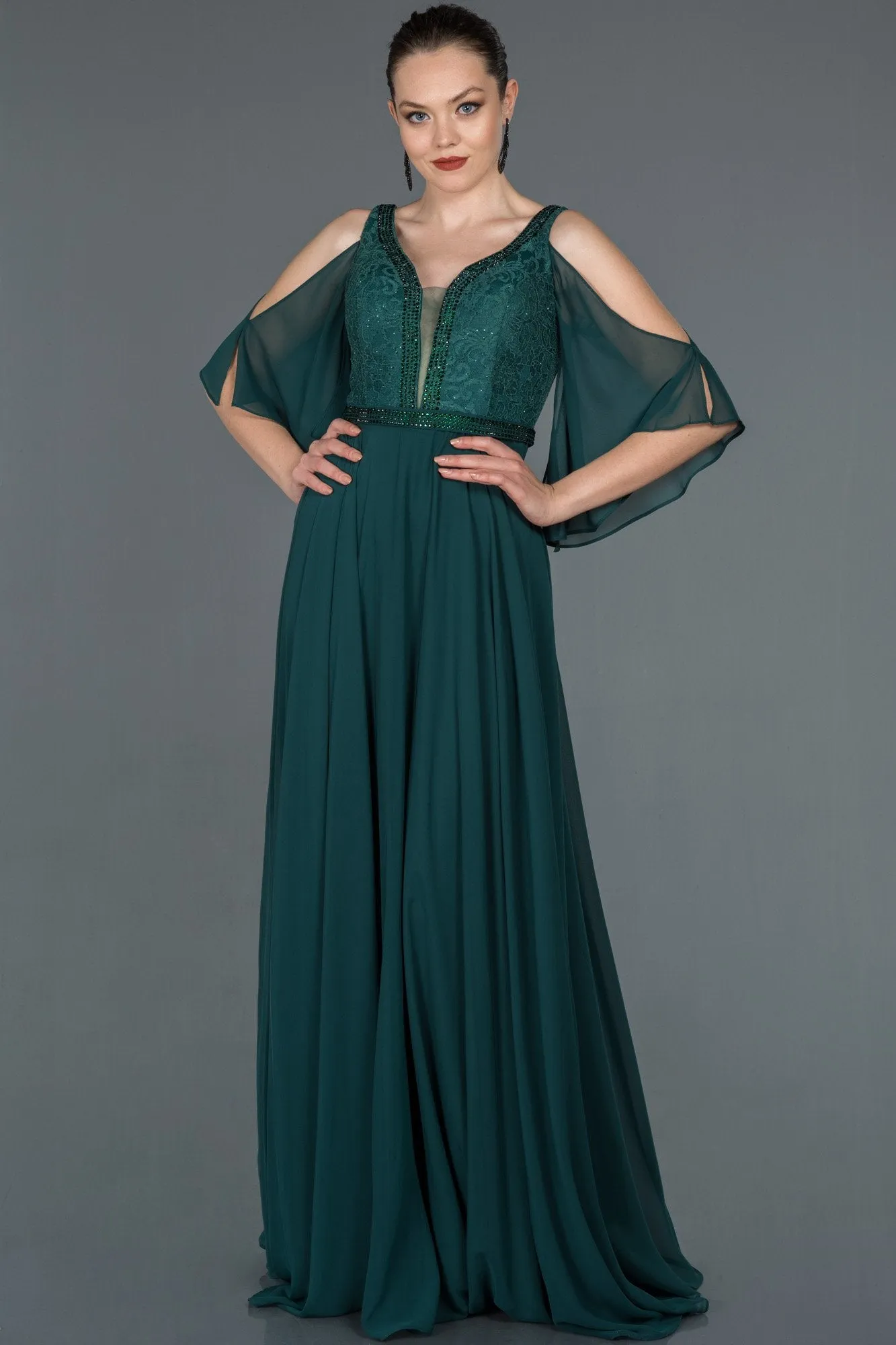 16685 Duck Green Stone Embroidered Lace Chiffon Dress