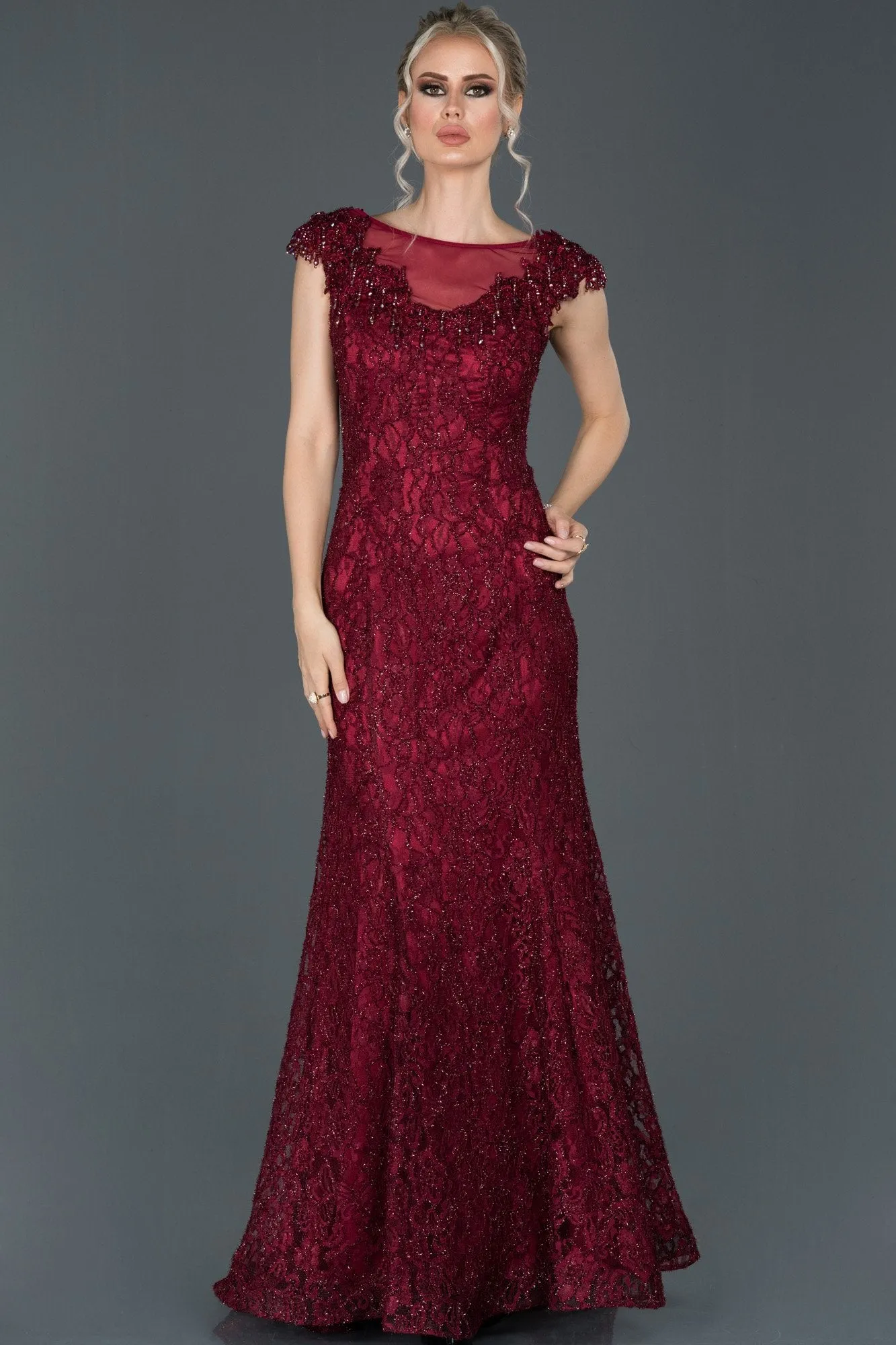 16994 Claret Red Shimmer Lace Dress