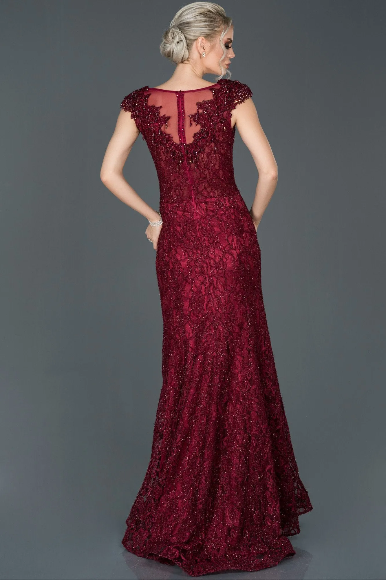 16994 Claret Red Shimmer Lace Dress