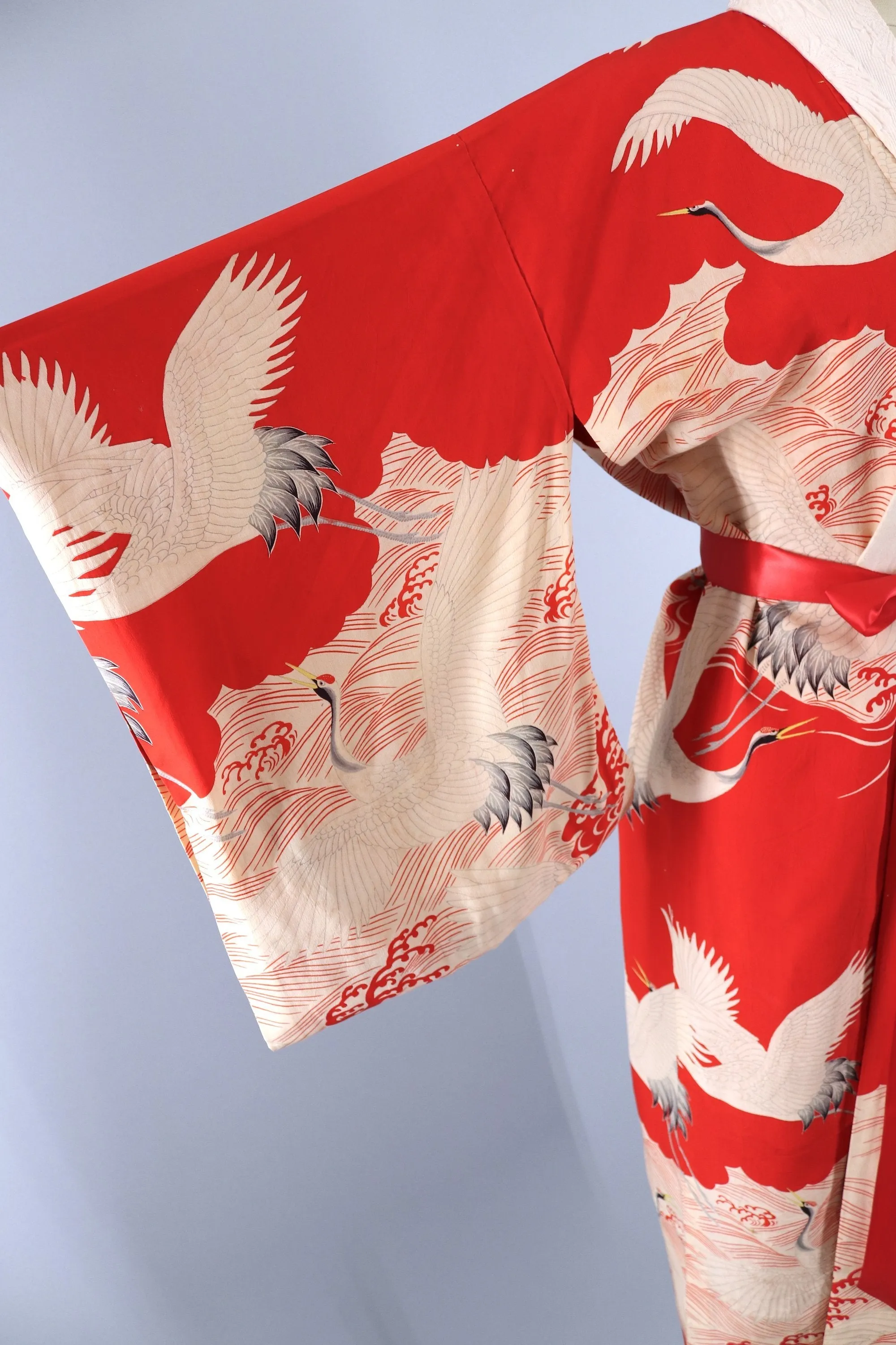 1930s Vintage Silk Kimono Robe / RED Flying Cranes