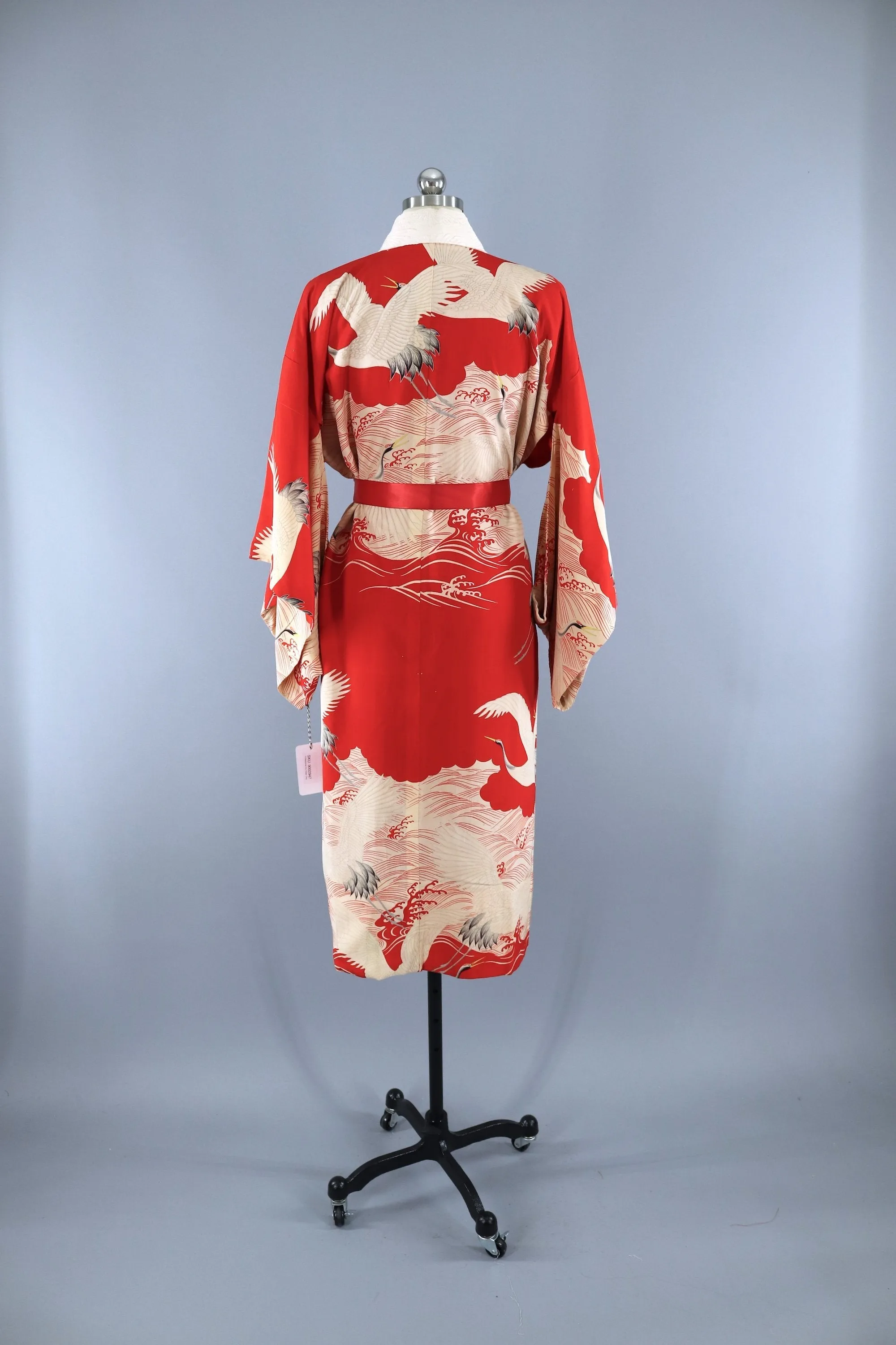 1930s Vintage Silk Kimono Robe / RED Flying Cranes