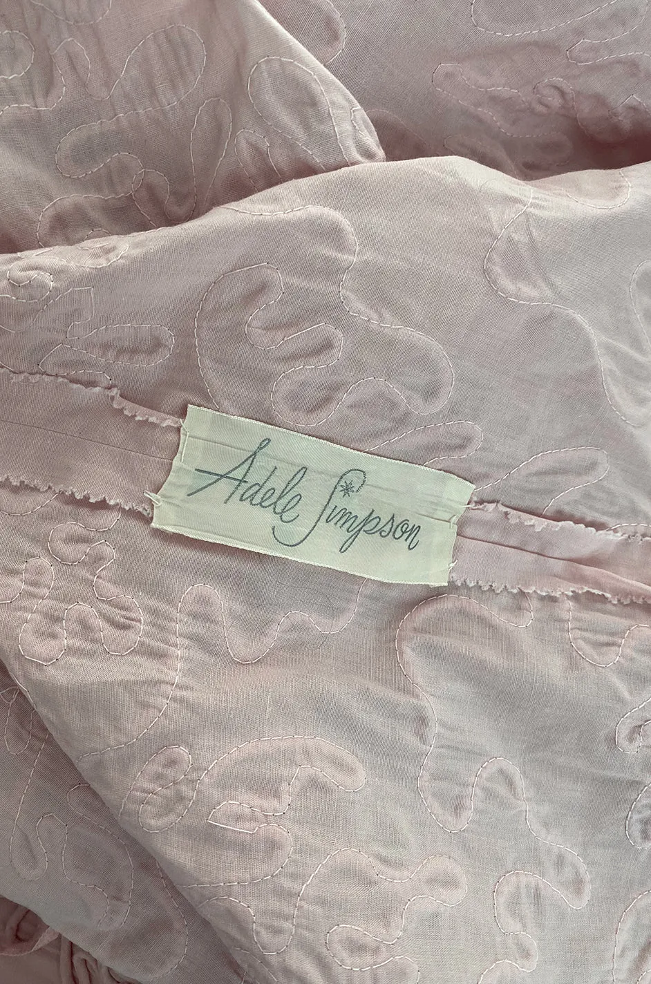 1950s Adele Simpson Pink Cotton Dress w Hand Applique Cording Detail