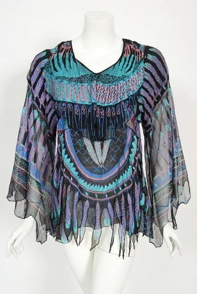 1970 Zandra Rhodes Hand-Painted 'Indian Feathers' Sheer Silk Dress Set