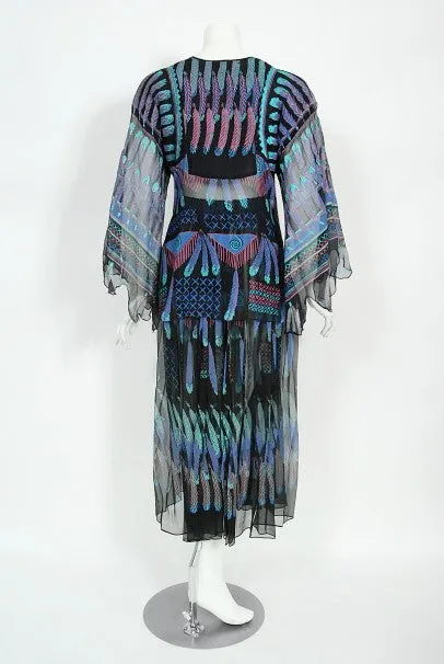 1970 Zandra Rhodes Hand-Painted 'Indian Feathers' Sheer Silk Dress Set