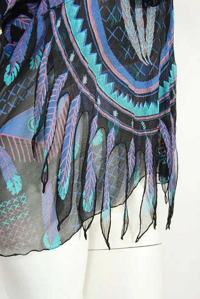 1970 Zandra Rhodes Hand-Painted 'Indian Feathers' Sheer Silk Dress Set