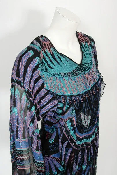 1970 Zandra Rhodes Hand-Painted 'Indian Feathers' Sheer Silk Dress Set