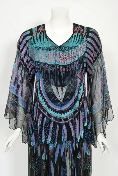 1970 Zandra Rhodes Hand-Painted 'Indian Feathers' Sheer Silk Dress Set