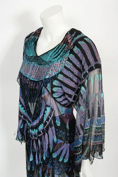1970 Zandra Rhodes Hand-Painted 'Indian Feathers' Sheer Silk Dress Set
