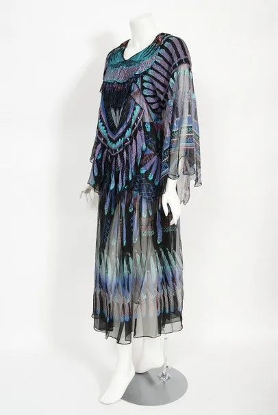 1970 Zandra Rhodes Hand-Painted 'Indian Feathers' Sheer Silk Dress Set