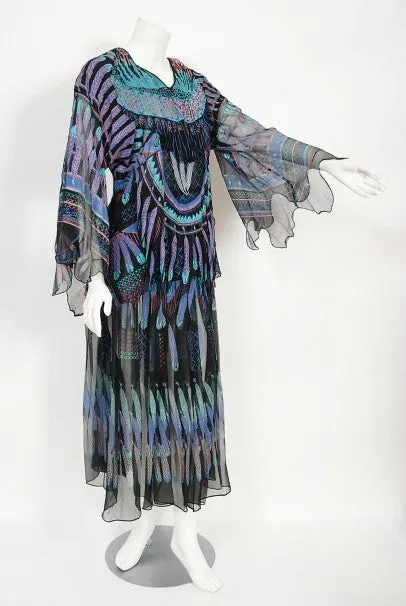 1970 Zandra Rhodes Hand-Painted 'Indian Feathers' Sheer Silk Dress Set