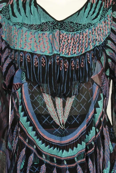 1970 Zandra Rhodes Hand-Painted 'Indian Feathers' Sheer Silk Dress Set