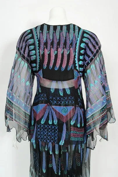 1970 Zandra Rhodes Hand-Painted 'Indian Feathers' Sheer Silk Dress Set