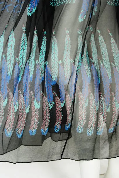 1970 Zandra Rhodes Hand-Painted 'Indian Feathers' Sheer Silk Dress Set