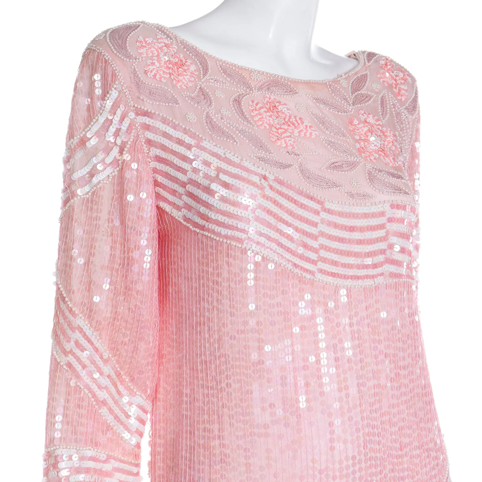1970s Pink Beaded Sequin Silk Evening Dress
