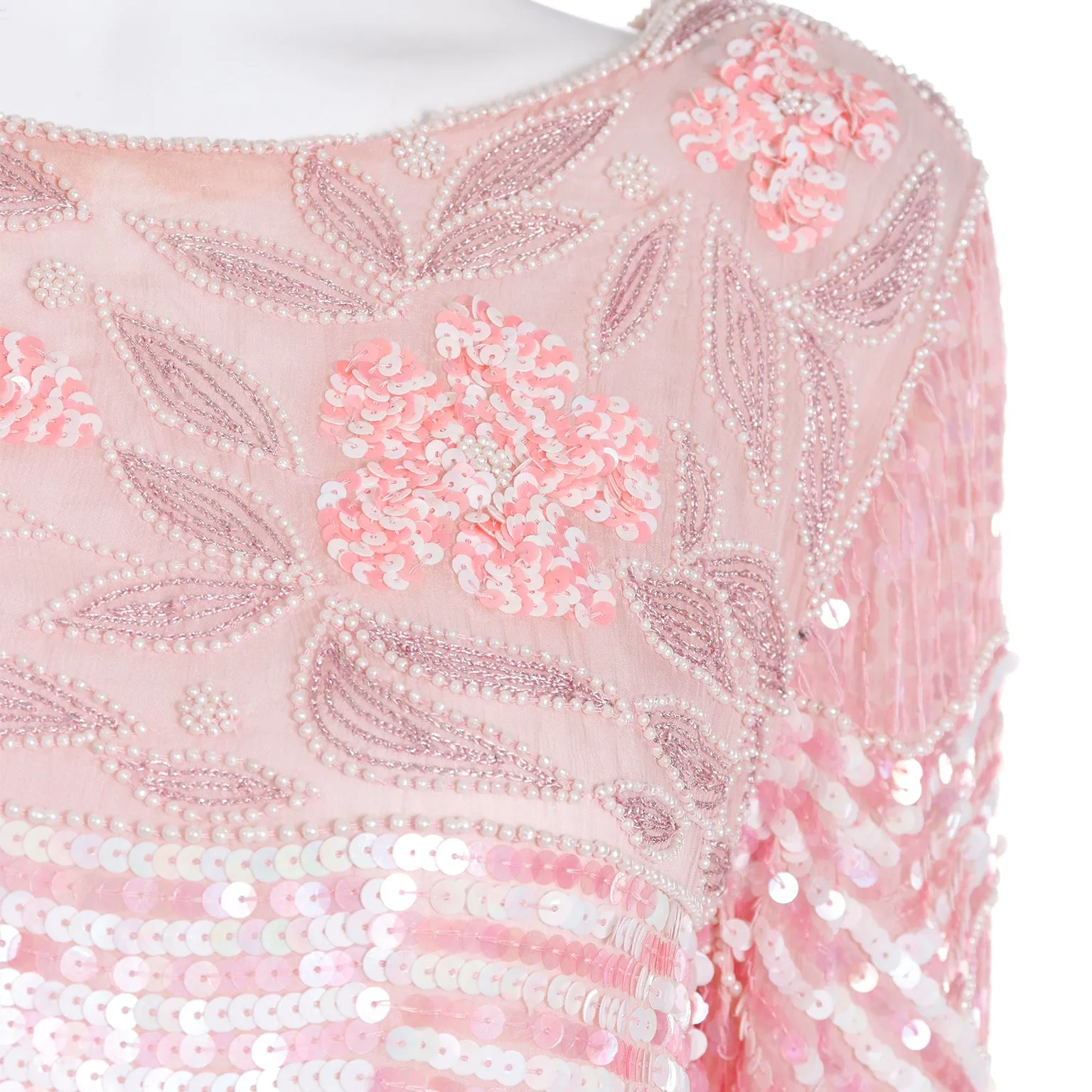 1970s Pink Beaded Sequin Silk Evening Dress