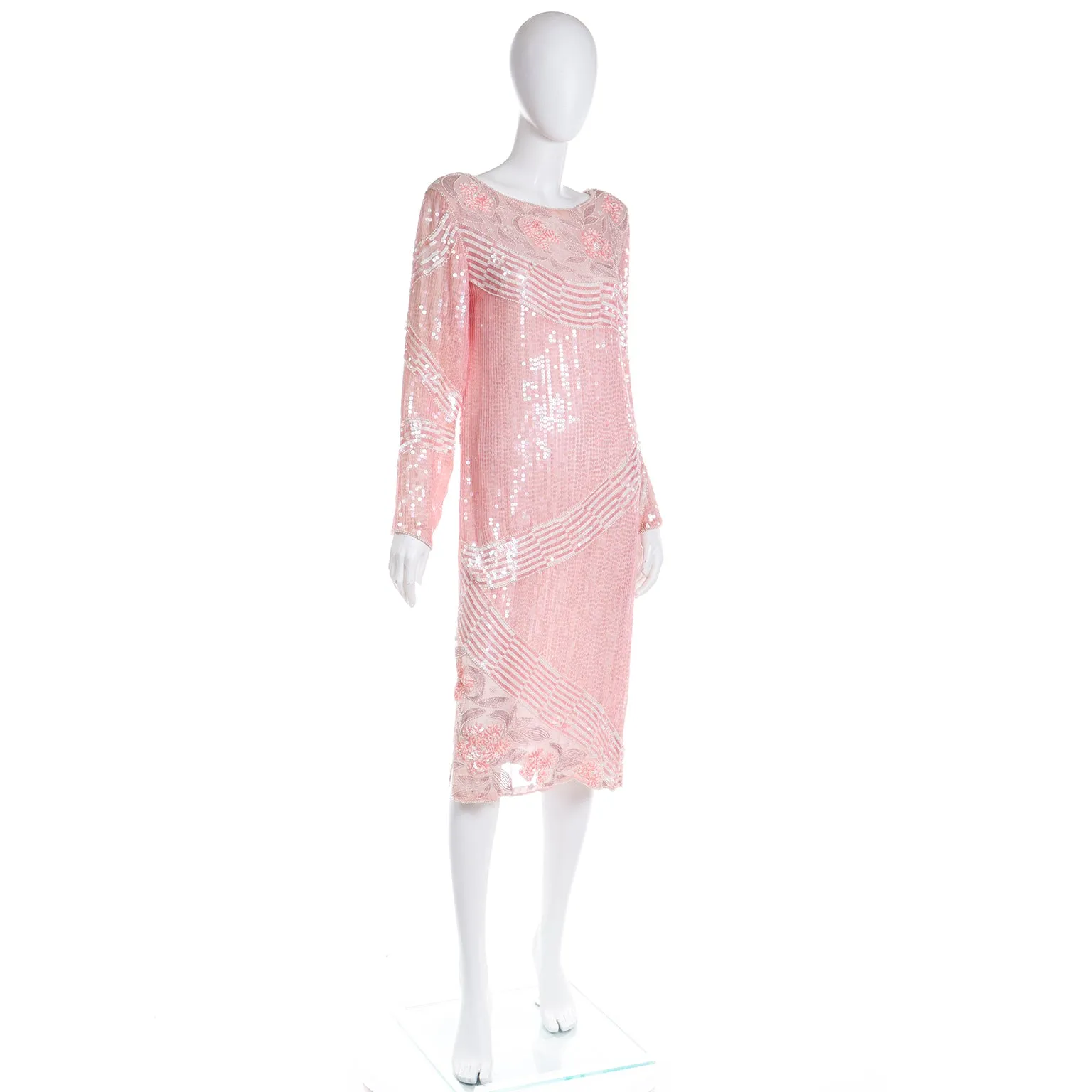 1970s Pink Beaded Sequin Silk Evening Dress