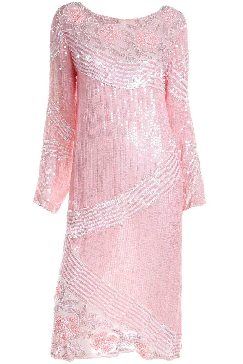 1970s Pink Beaded Sequin Silk Evening Dress