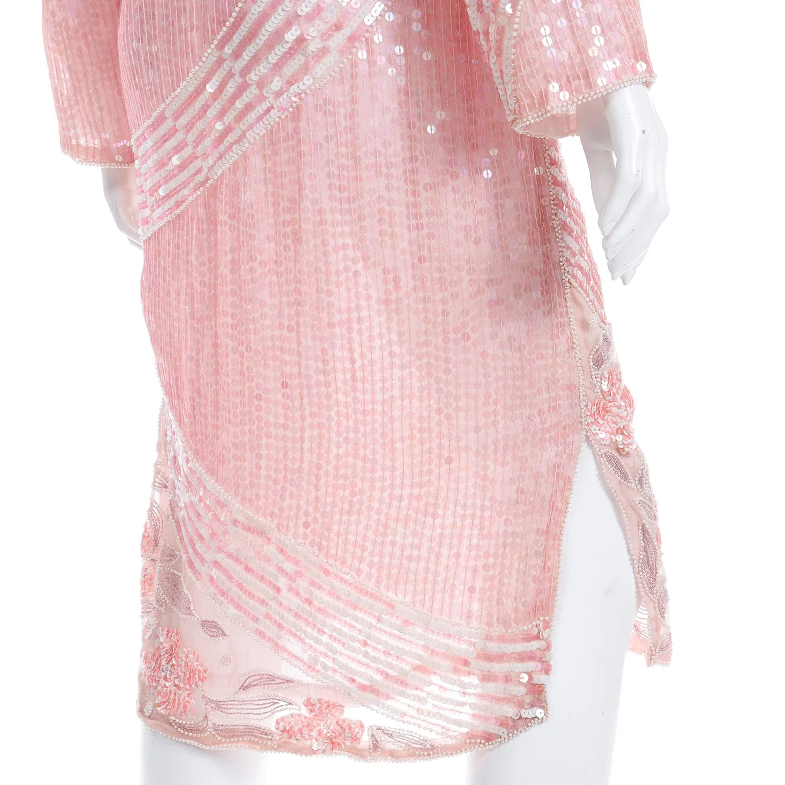 1970s Pink Beaded Sequin Silk Evening Dress