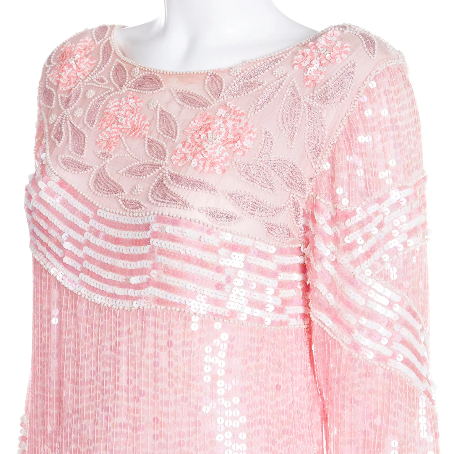 1970s Pink Beaded Sequin Silk Evening Dress