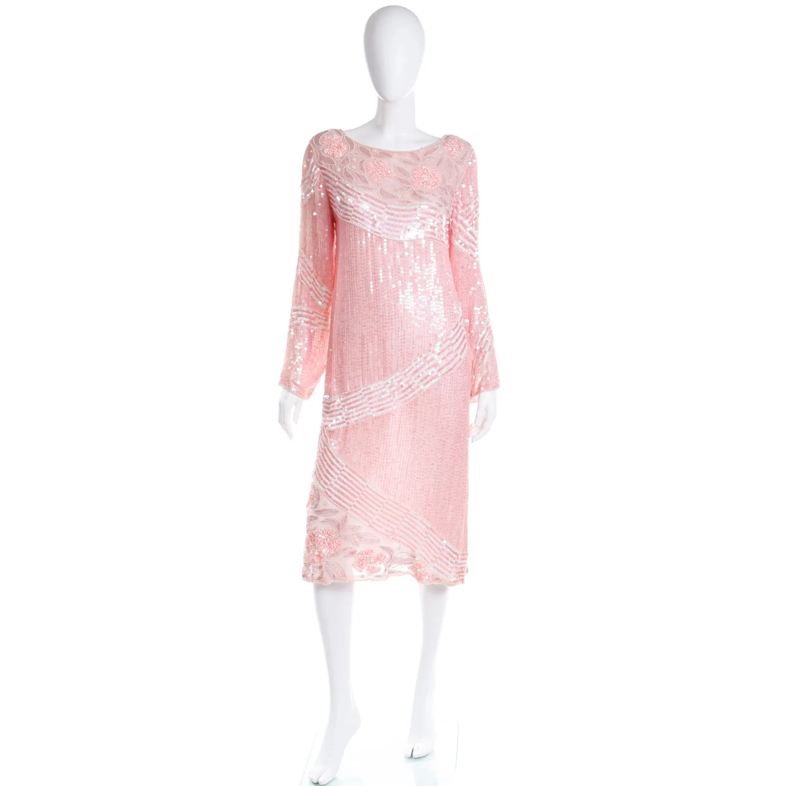 1970s Pink Beaded Sequin Silk Evening Dress