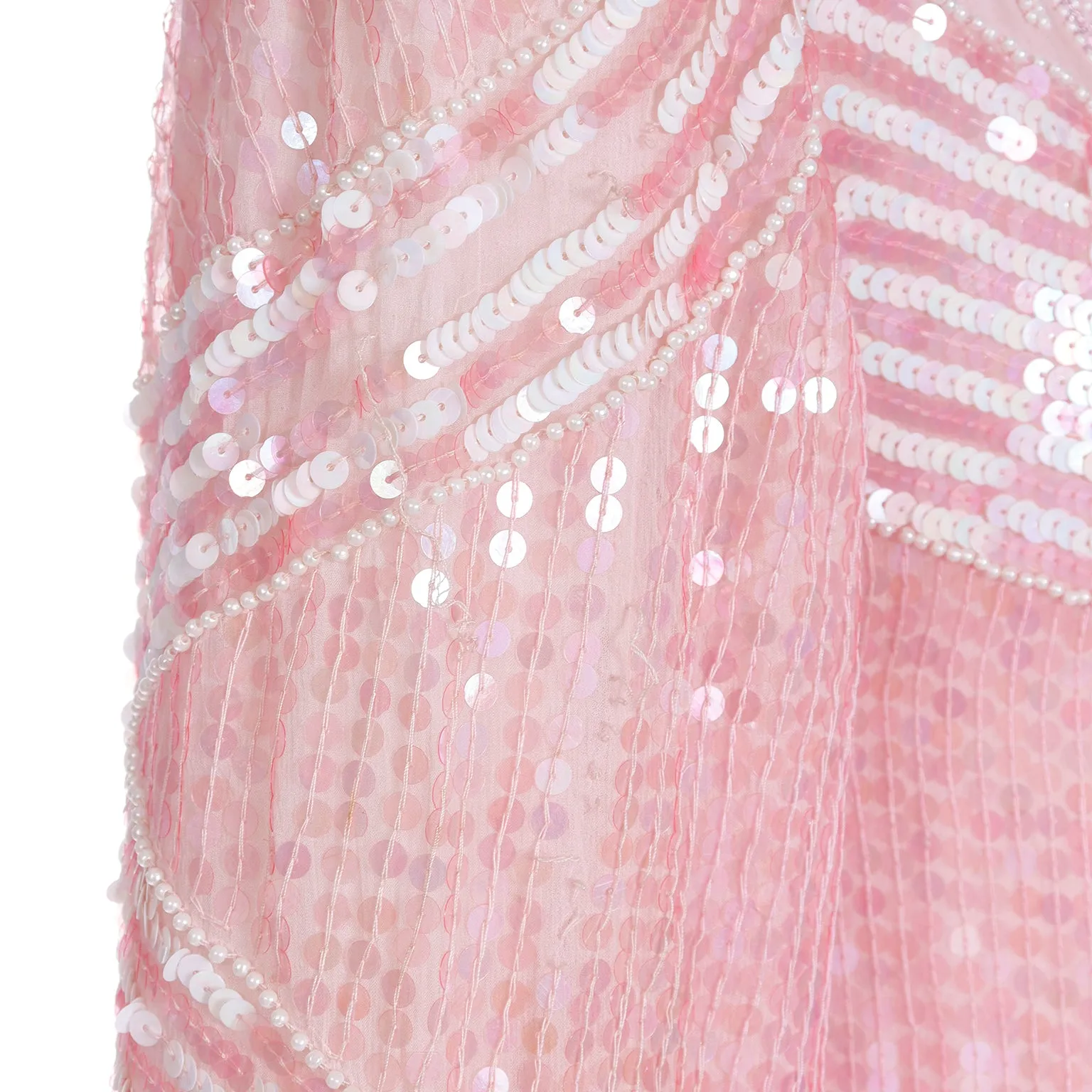 1970s Pink Beaded Sequin Silk Evening Dress