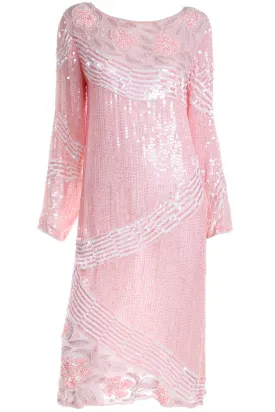1970s Pink Beaded Sequin Silk Evening Dress