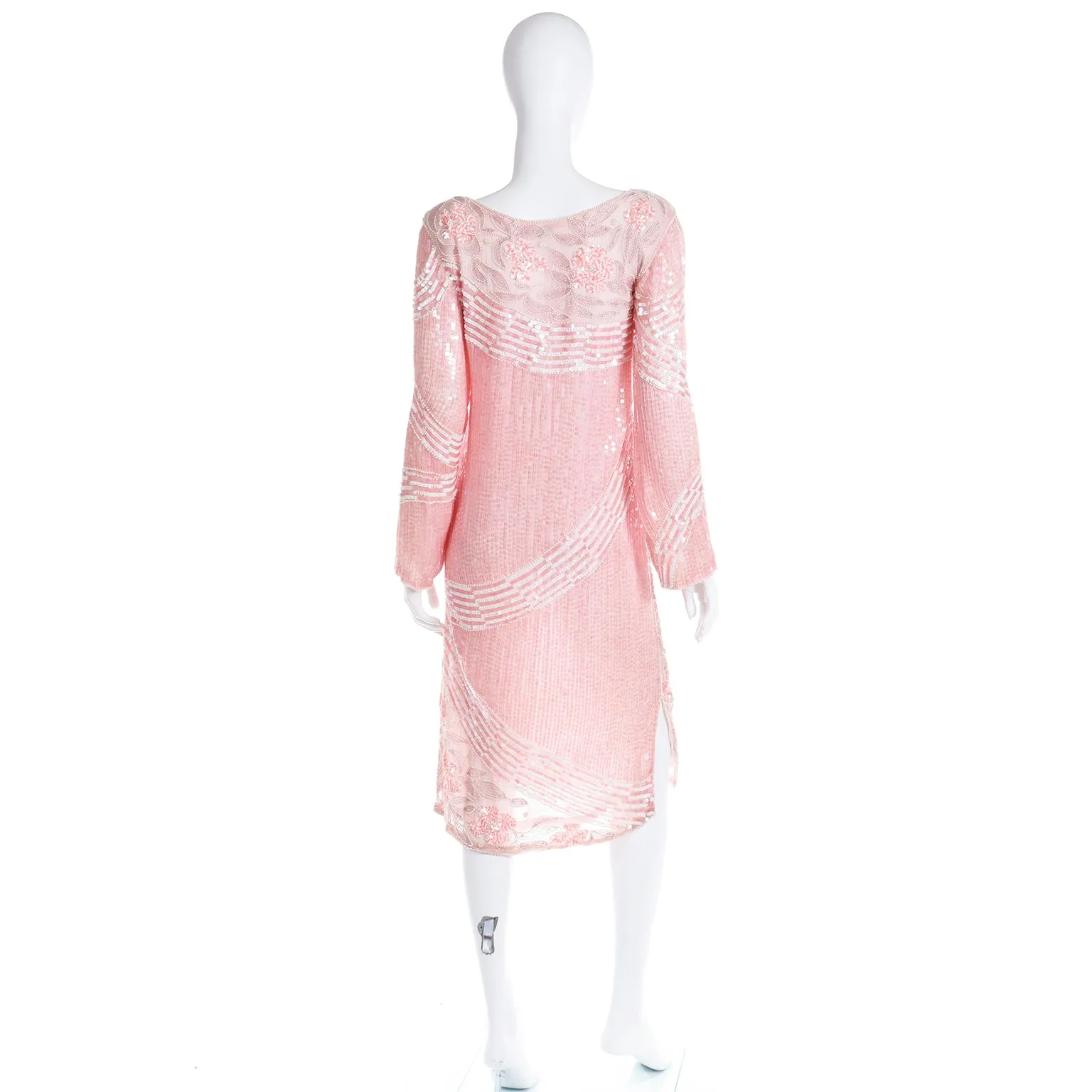 1970s Pink Beaded Sequin Silk Evening Dress