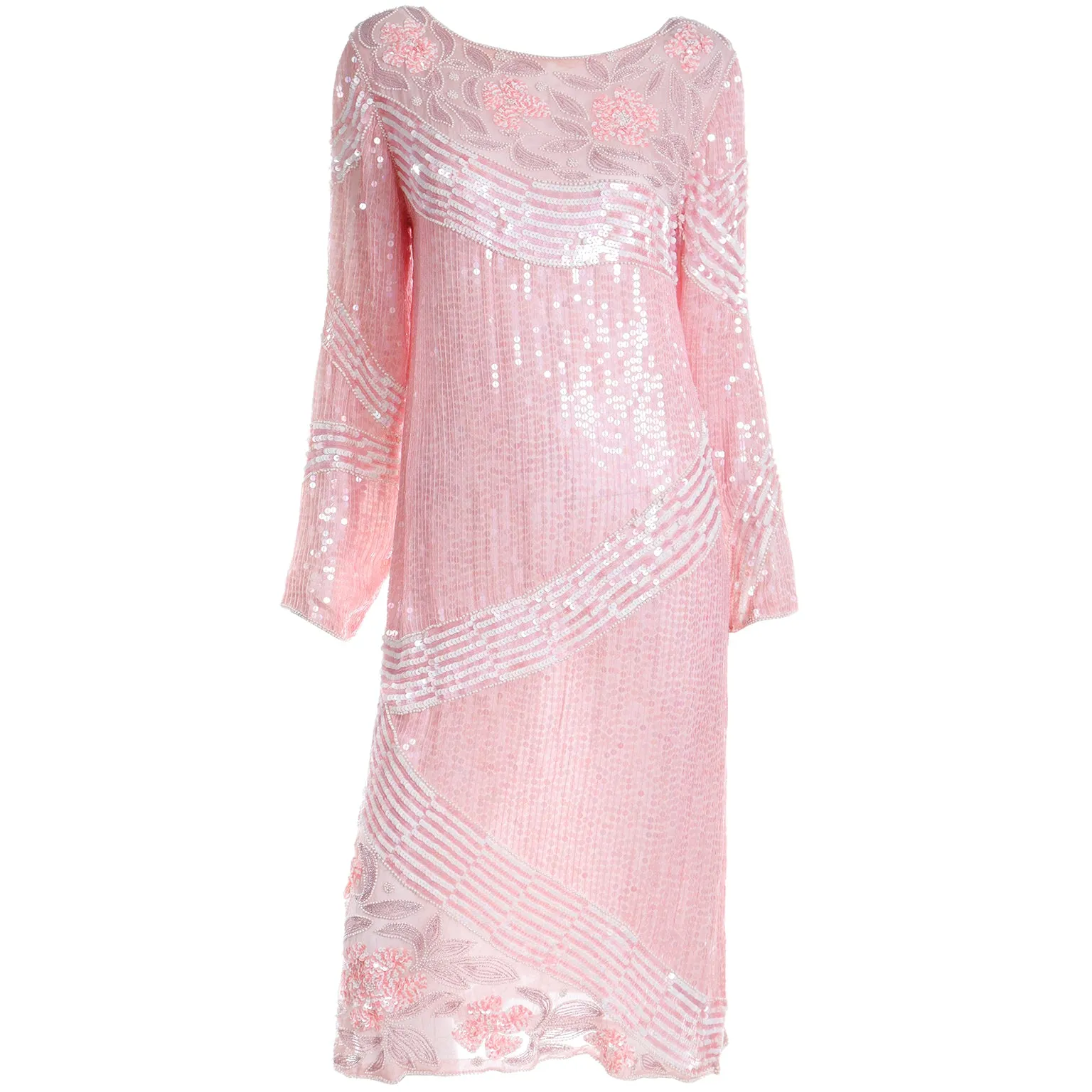 1970s Pink Beaded Sequin Silk Evening Dress