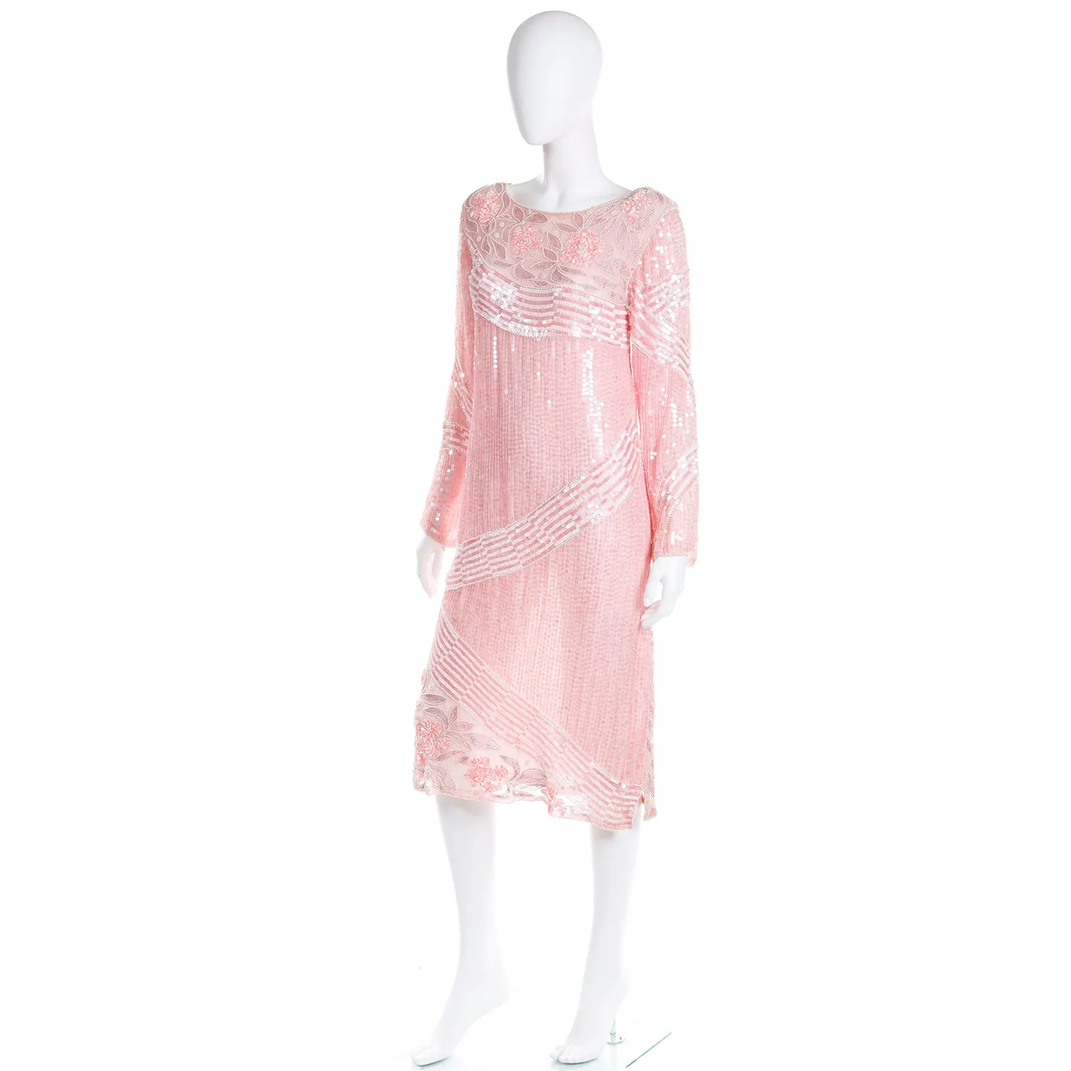 1970s Pink Beaded Sequin Silk Evening Dress