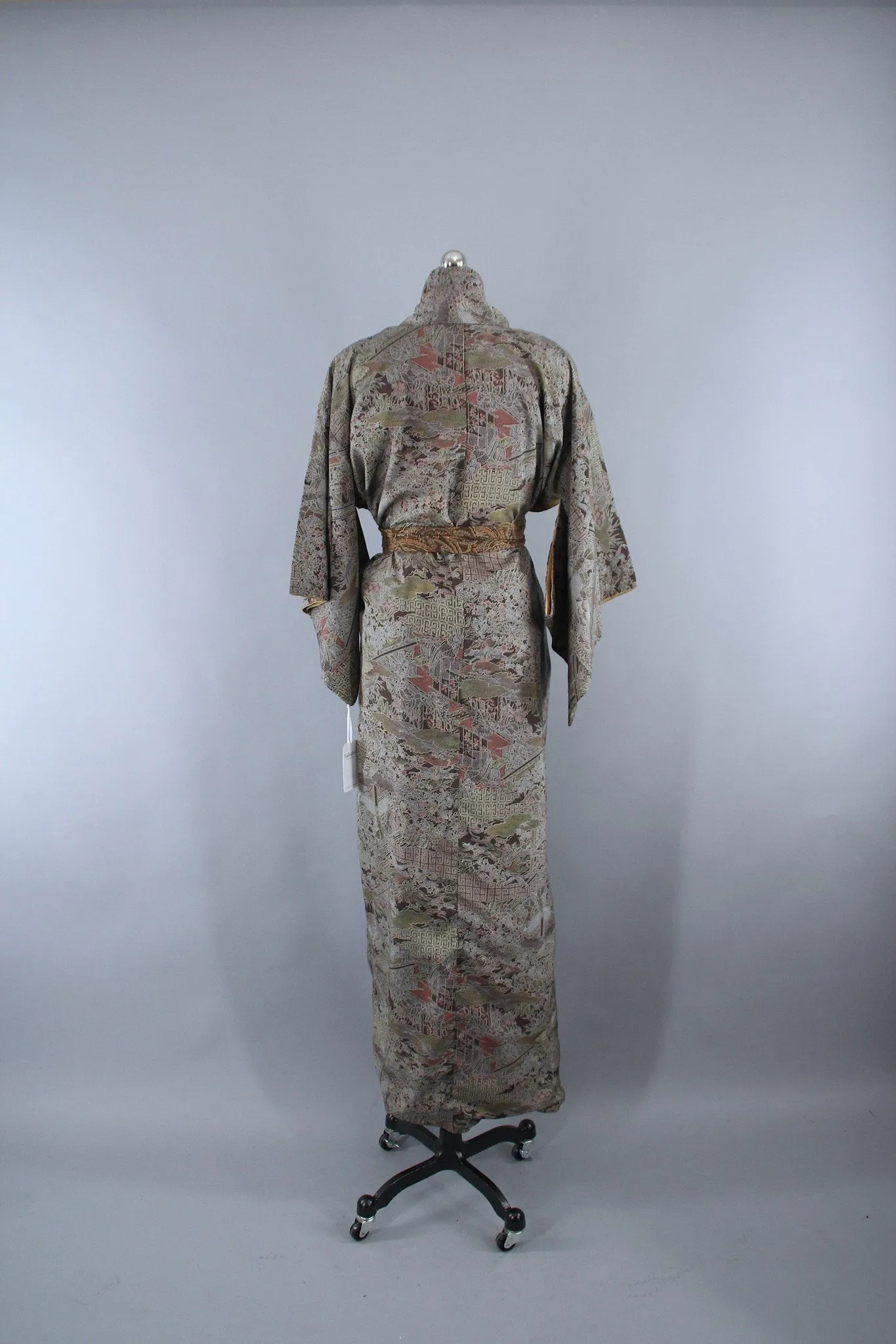 1970s Vintage Kimono Robe with Brown Dotted Floral Print