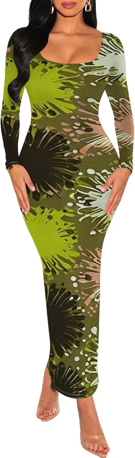 2024 Women's Casual Square Neck Long Sleeve Tie Dye Sexy Bodycon Fall Maxi Dresses Evening Formal Cocktail Party Club Dress
