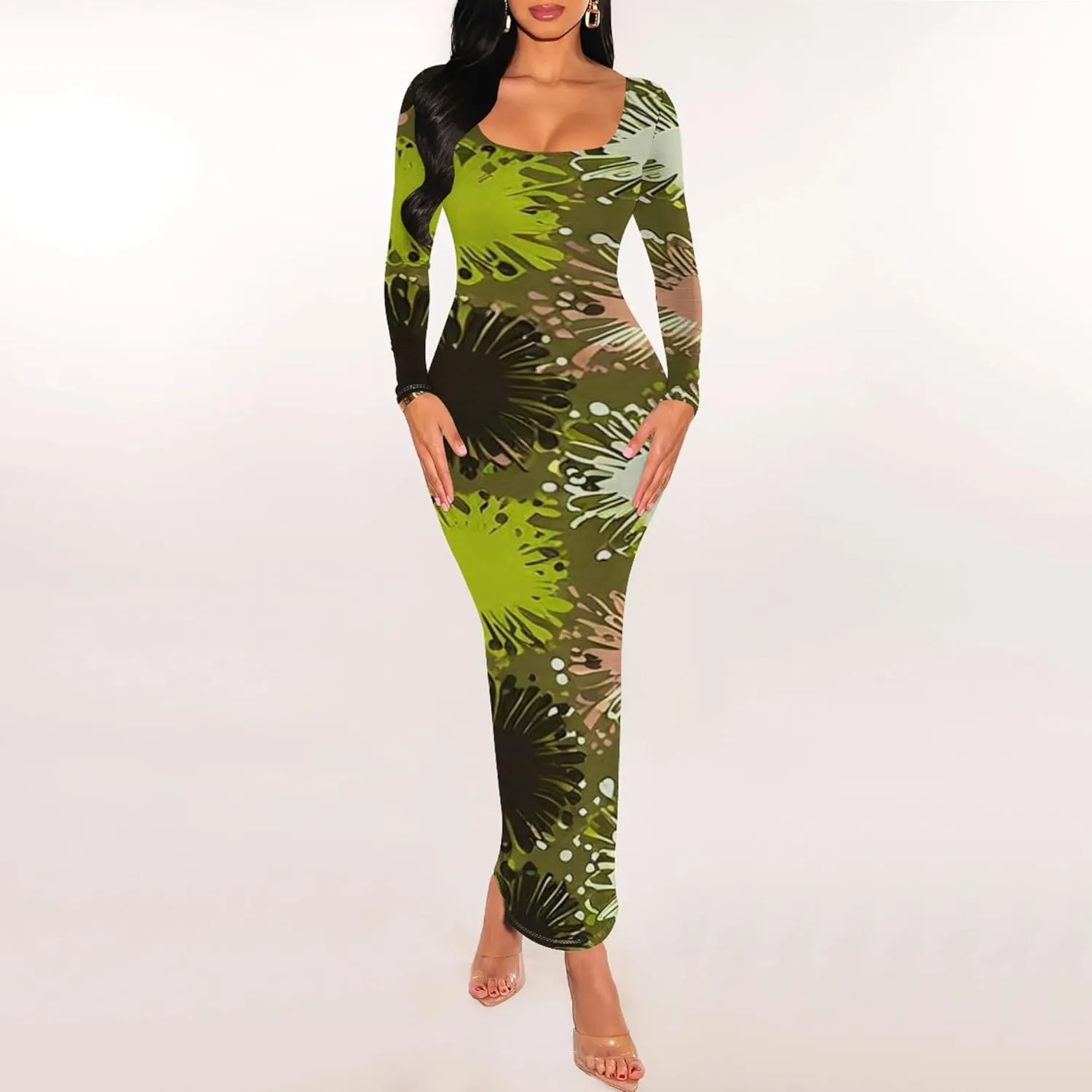 2024 Women's Casual Square Neck Long Sleeve Tie Dye Sexy Bodycon Fall Maxi Dresses Evening Formal Cocktail Party Club Dress