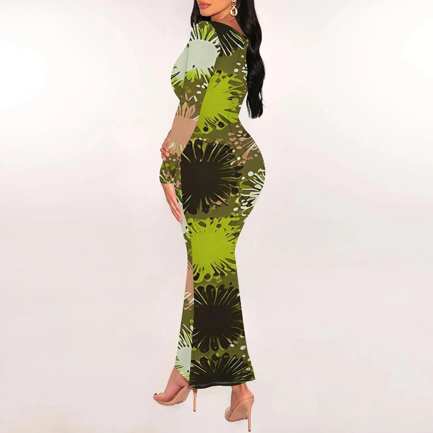 2024 Women's Casual Square Neck Long Sleeve Tie Dye Sexy Bodycon Fall Maxi Dresses Evening Formal Cocktail Party Club Dress