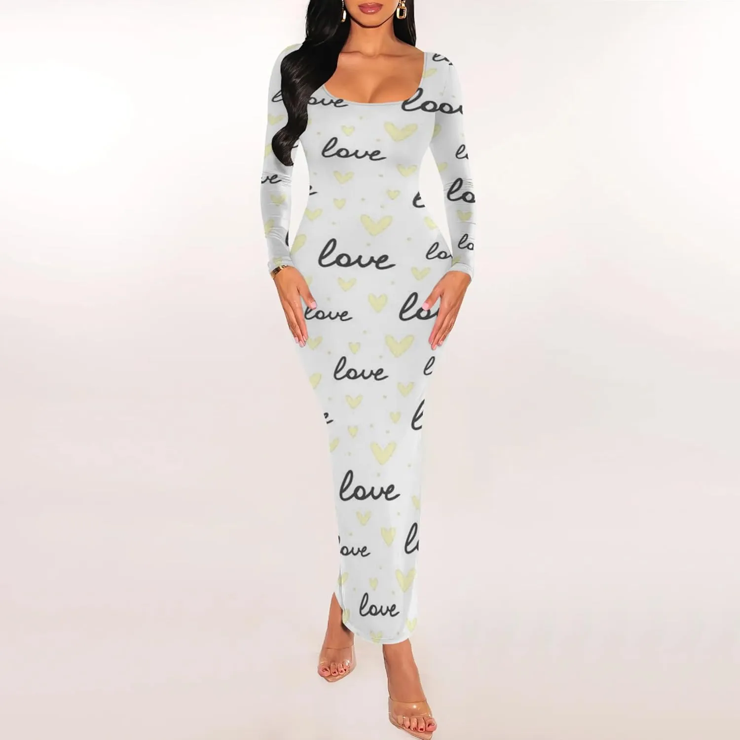 2024 Women's Casual Square Neck Long Sleeve Tie Dye Sexy Bodycon Fall Maxi Dresses Evening Formal Cocktail Party Club Dress