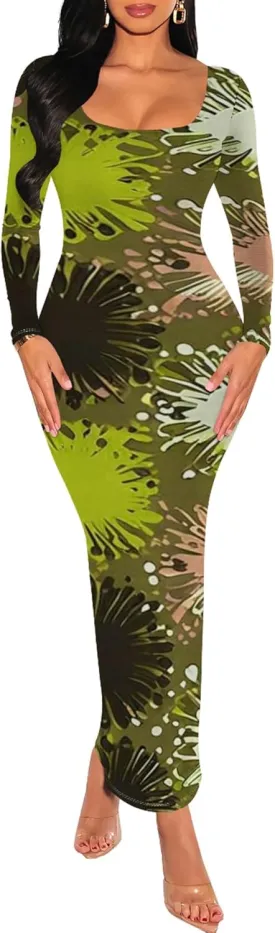 2024 Women's Casual Square Neck Long Sleeve Tie Dye Sexy Bodycon Fall Maxi Dresses Evening Formal Cocktail Party Club Dress