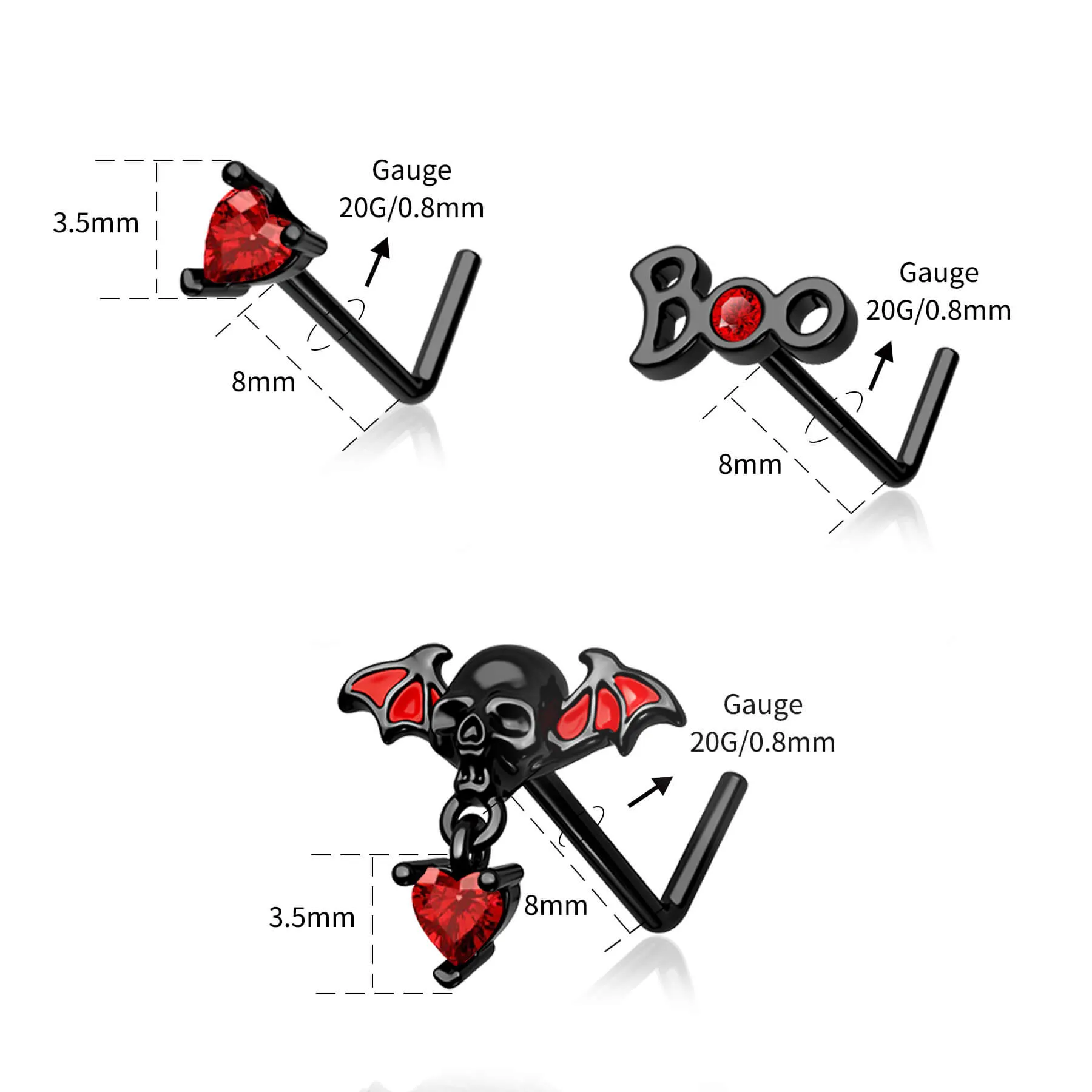 20G 3PCS Skull Head/Boo/Heart Top L-Shaped Nostril Studs Set