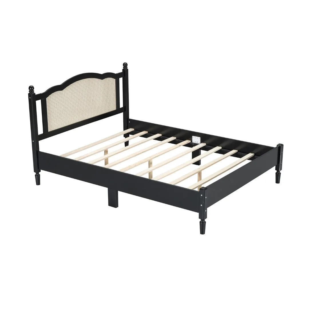 3-Piece Bedroom Set: Queen Bed Frame, Vintage Nightstand, Makeup Vanity Set with Stool, Black