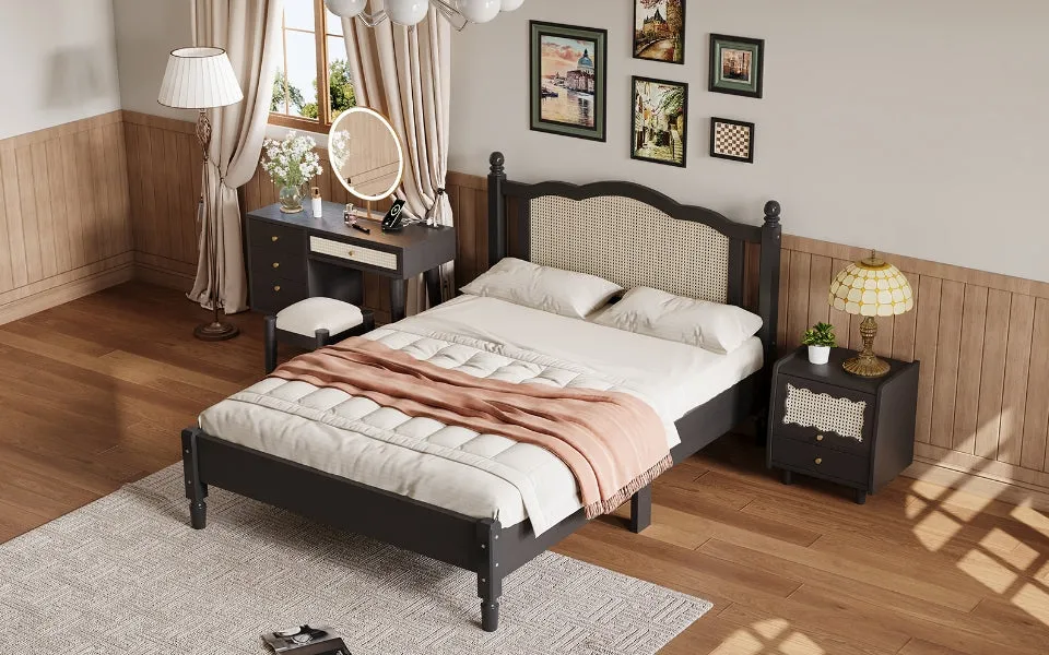 3-Piece Bedroom Set: Queen Bed Frame, Vintage Nightstand, Makeup Vanity Set with Stool, Black