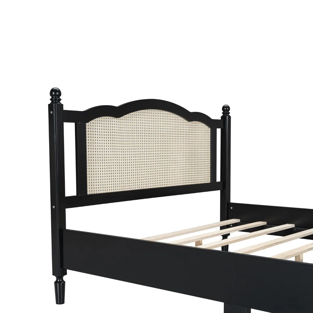 3-Piece Bedroom Set: Queen Bed Frame, Vintage Nightstand, Makeup Vanity Set with Stool, Black