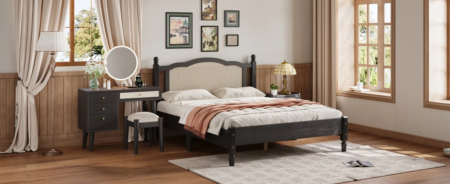 3-Piece Bedroom Set: Queen Bed Frame, Vintage Nightstand, Makeup Vanity Set with Stool, Black