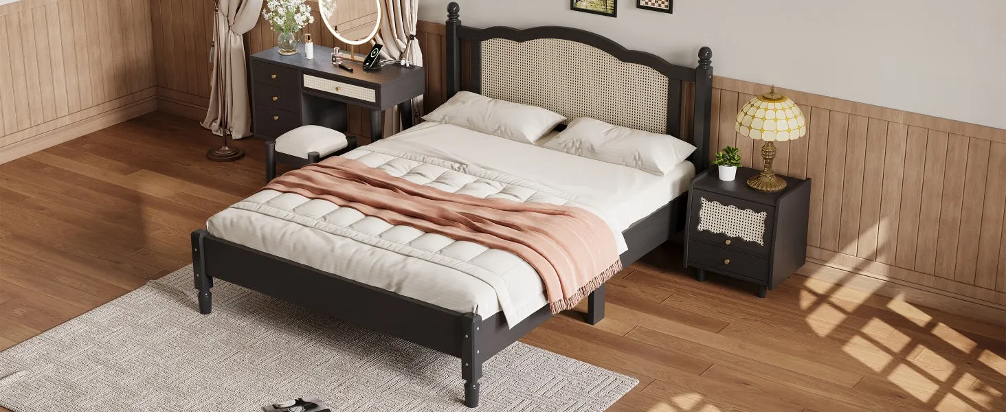 3-Piece Bedroom Set: Queen Bed Frame, Vintage Nightstand, Makeup Vanity Set with Stool, Black