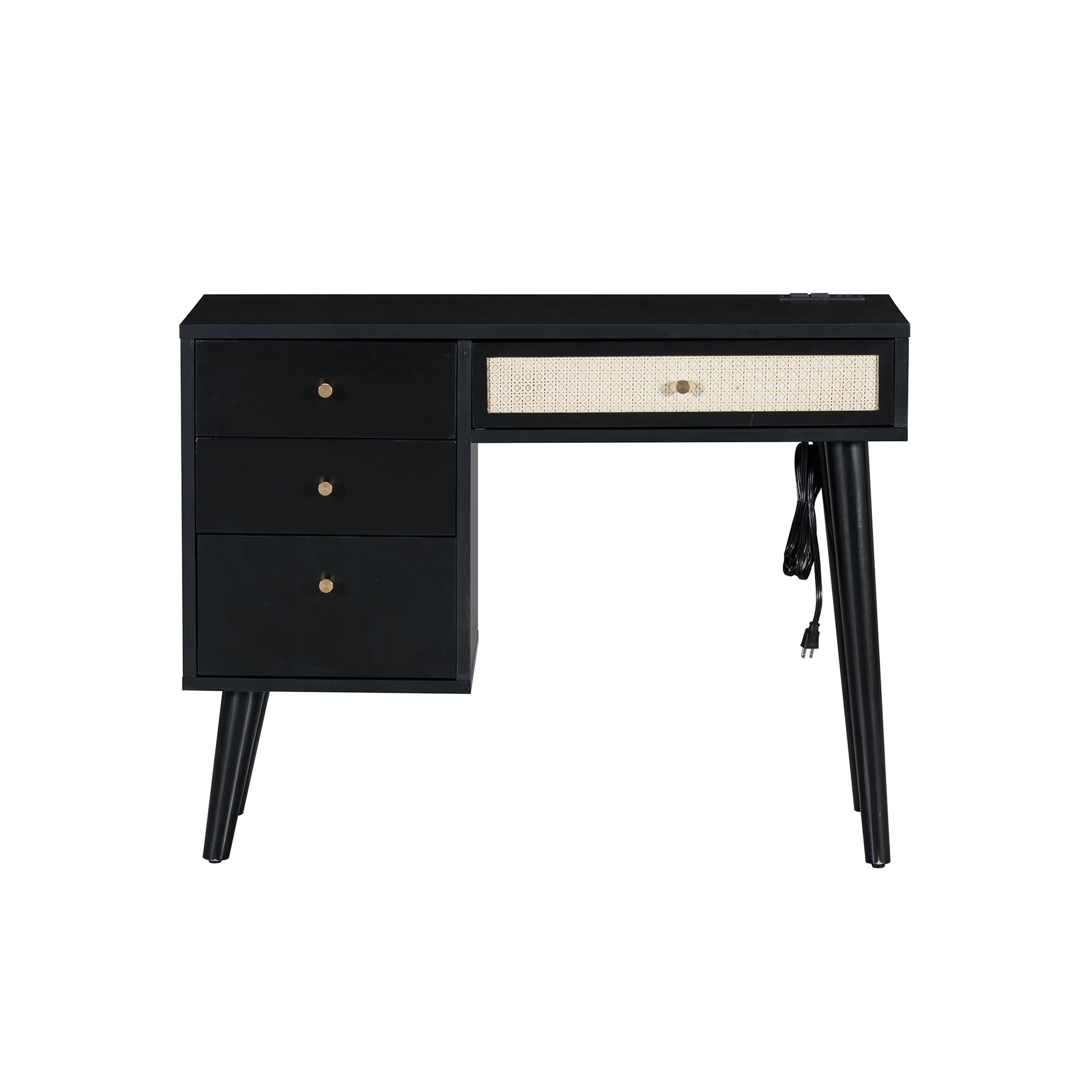 3-Piece Bedroom Set: Queen Bed Frame, Vintage Nightstand, Makeup Vanity Set with Stool, Black