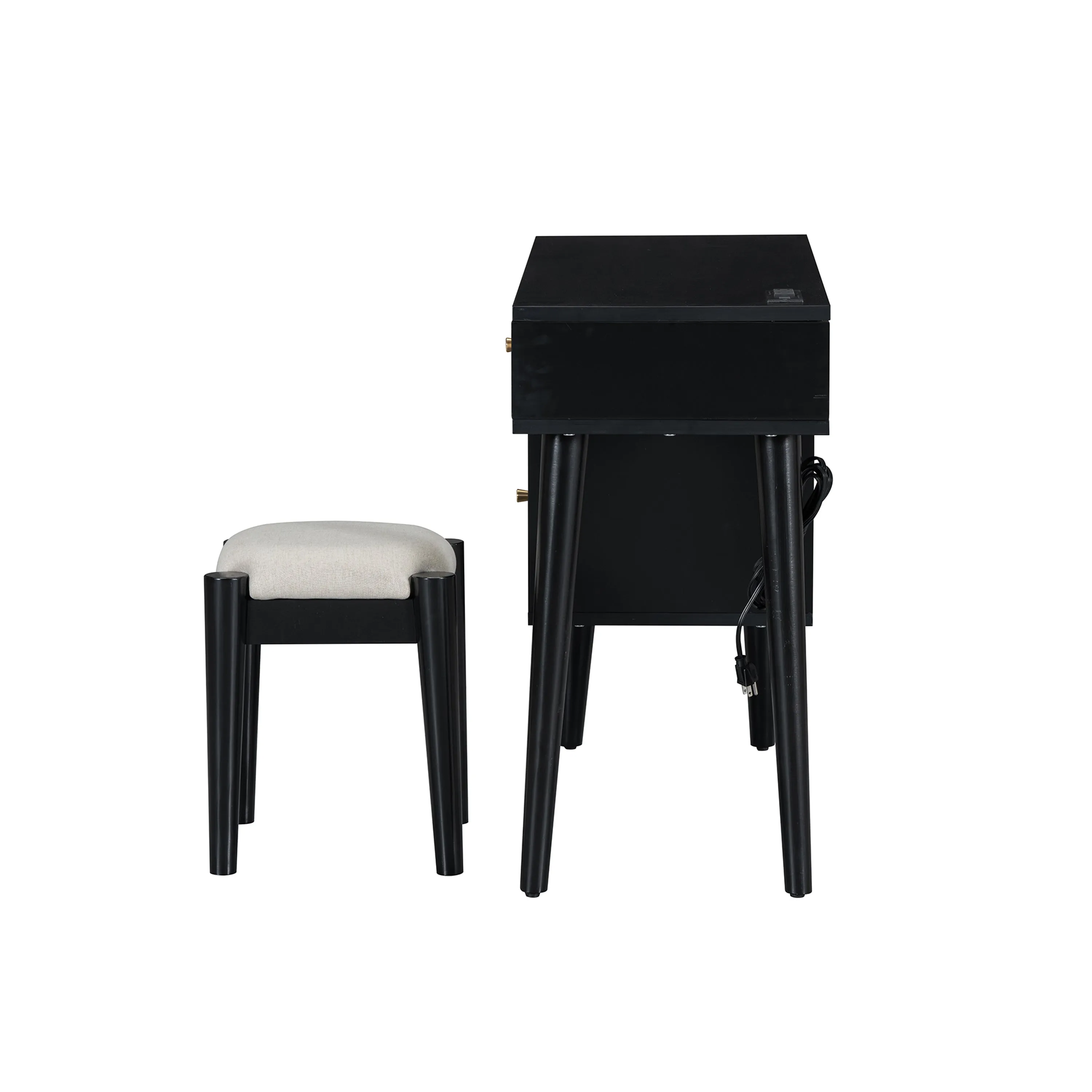 3-Piece Bedroom Set: Queen Bed Frame, Vintage Nightstand, Makeup Vanity Set with Stool, Black