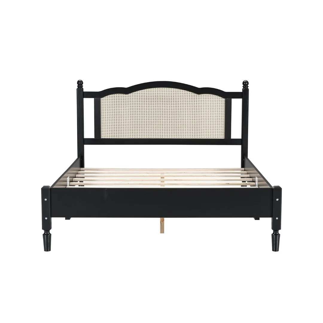 3-Piece Bedroom Set: Queen Bed Frame, Vintage Nightstand, Makeup Vanity Set with Stool, Black